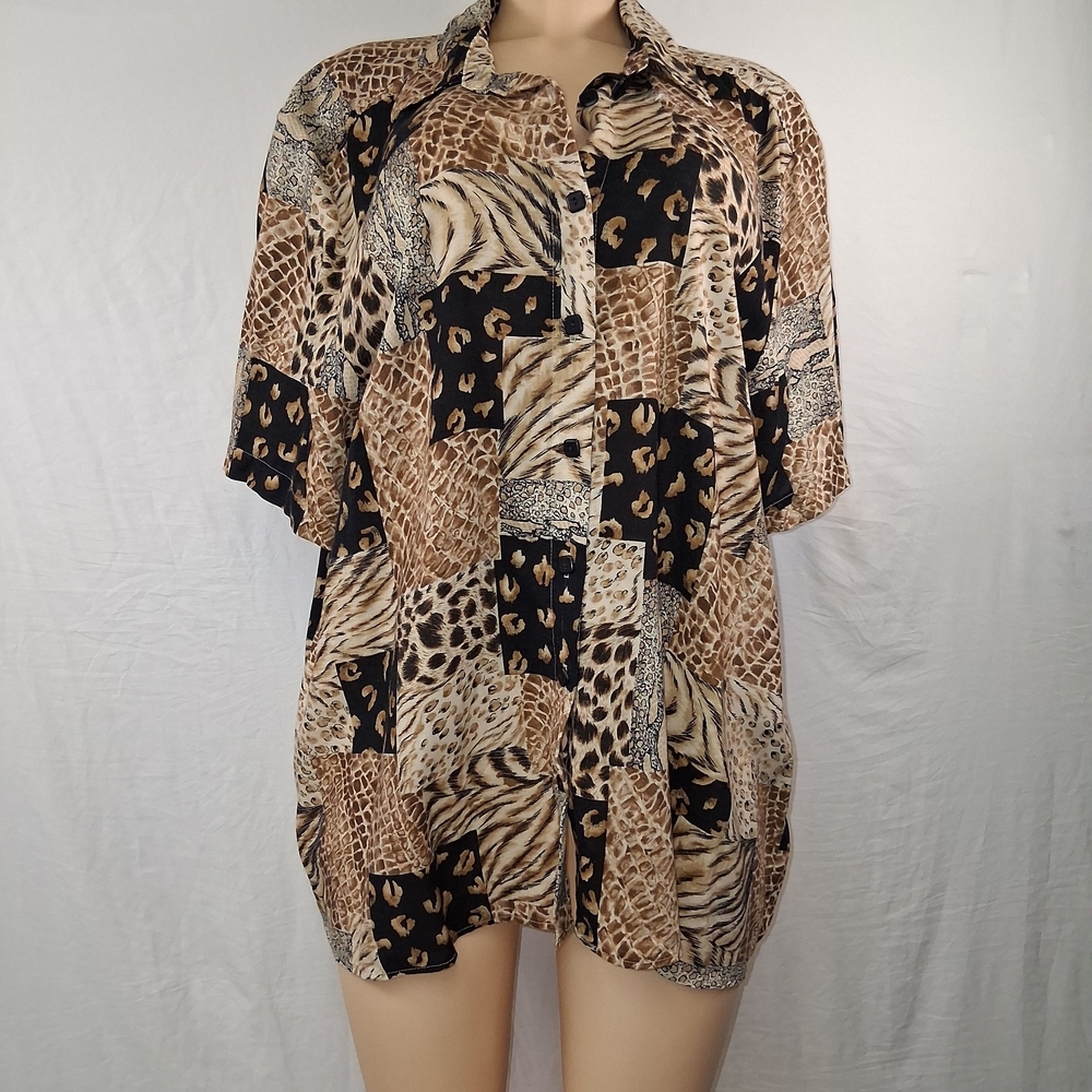 Alfred Dunner Women Brown and Black Patchwork Animal Print Button-Down Shirt